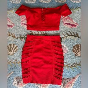 Red two piece lace bandage dress crop top bandeau and mini skirt size Small